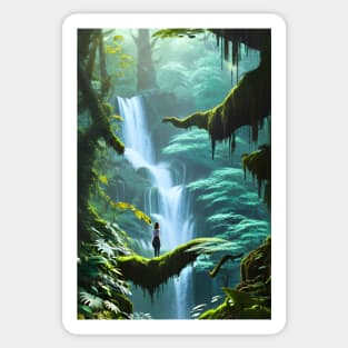 A Cute Girl Chilling with Waterfalls in a Forest Sticker